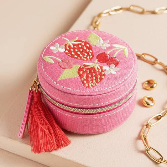 Strawberry Embroidered Travel Round Jewelry Case in Pink