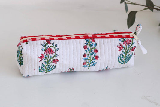 Cotton Block Print Pouch Organizer - SM - White Floral