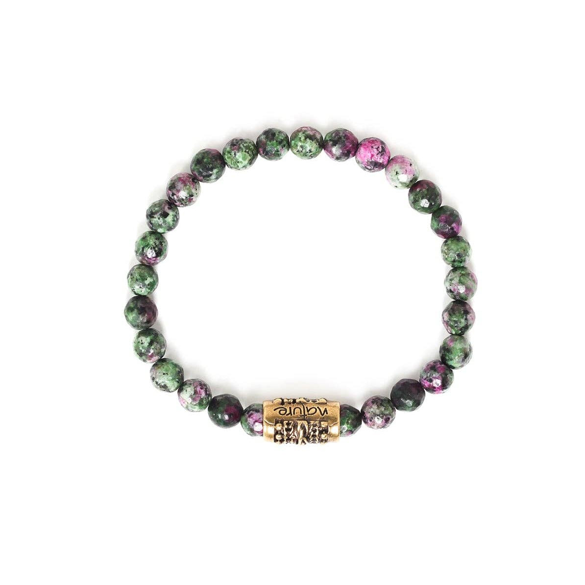 Ruby Zoisite stretch bracelet made of variegated green and magenta gemstone beads with a central, oxidized brass cylindrical bead engraved with the word nature.