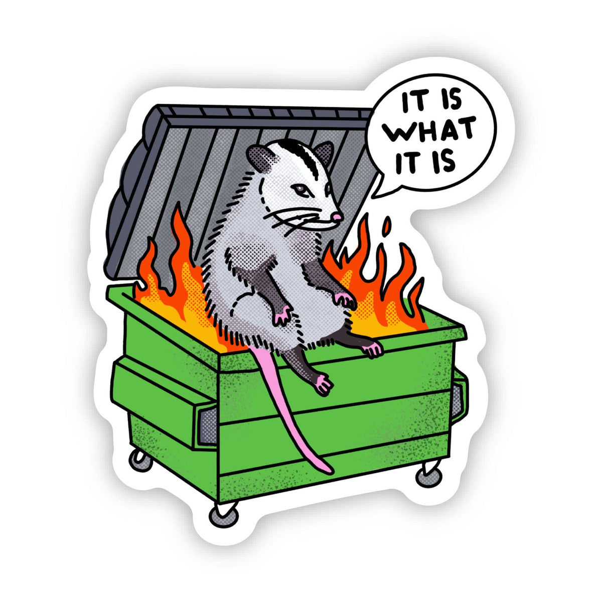 A cartoon opossum sits in a flaming green dumpster with a speech bubble saying, “It is what it is.” Add the Big Moods Possum Dumpster Fire Sticker to your collection!.