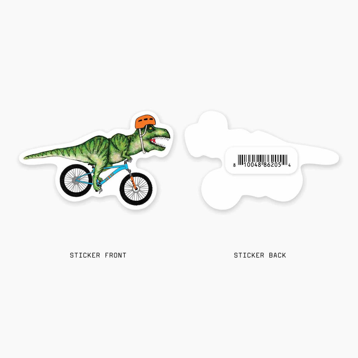 The T-Rex Bike Sticker from Nice Enough Stickers features a green T.