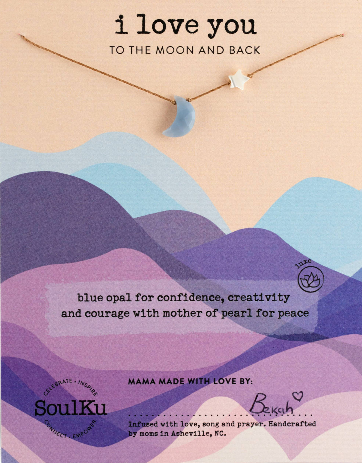 SoulKu Blue Opal - I Love You To The Moon & Back - Necklace featuring a blue opal crescent moon and small white star charm on a thin cord, displayed on an informational card.