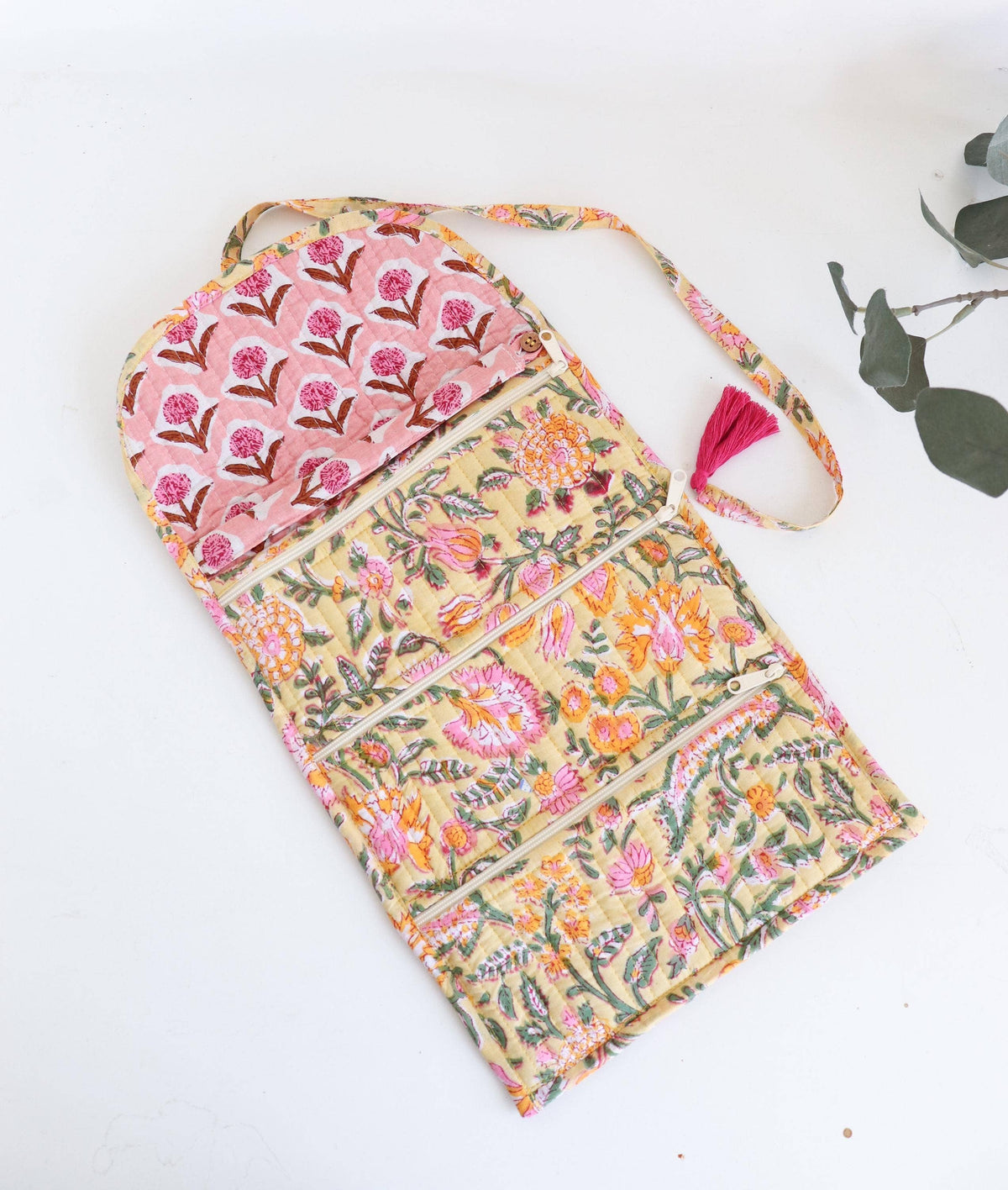 Cotton Jewelry Roll with Zipper Pockets and Brush Case - Yellow Floral