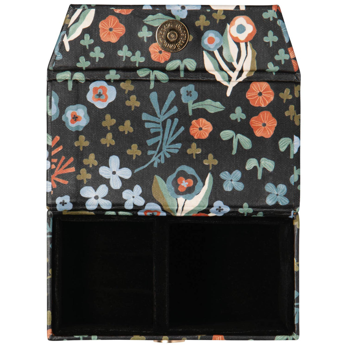 Danica Studio Dogwood Travel Jewelry Case - Black/Multicolor, a lightweight case with a black background and multicolored floral print, shown with the flap open to reveal an empty interior.