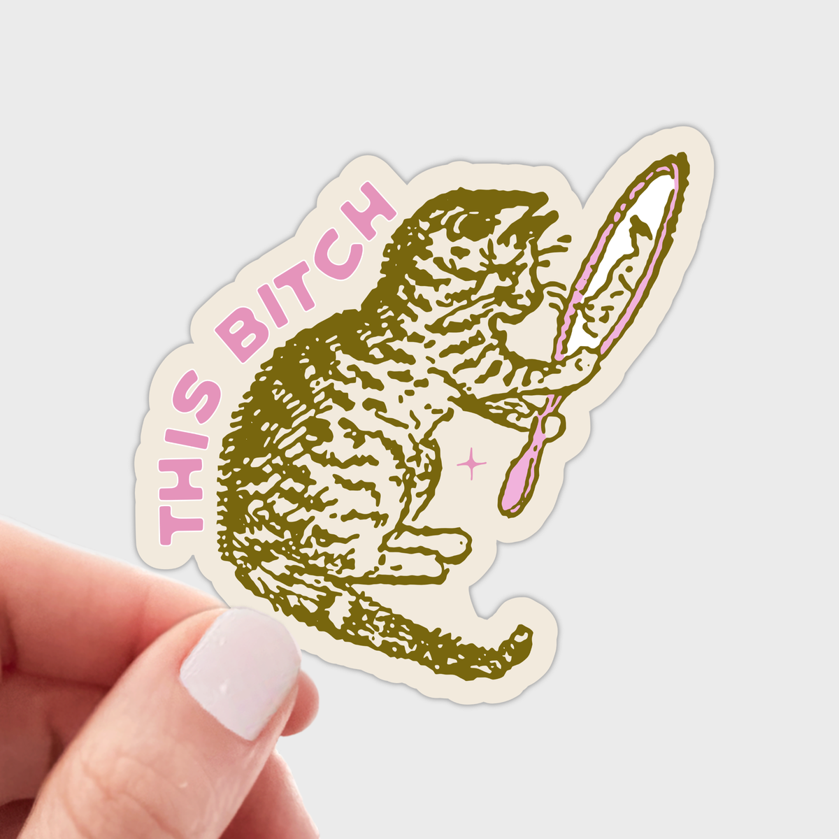 A hand holds a Yarnival This Bitch Cat Sticker showing a cat in the mirror with “THIS BITCH” in pink—an eye-catching vinyl sticker for your collection.