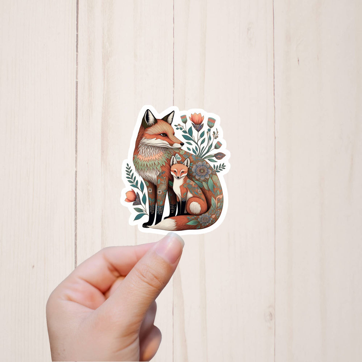 A hand holds a Fox Mama and Cub Sticker by Sorry Not Sorry Co, featuring two illustrated foxes with floral accents against a light wooden background. This vinyl sticker measures 3″ x 1.5″.