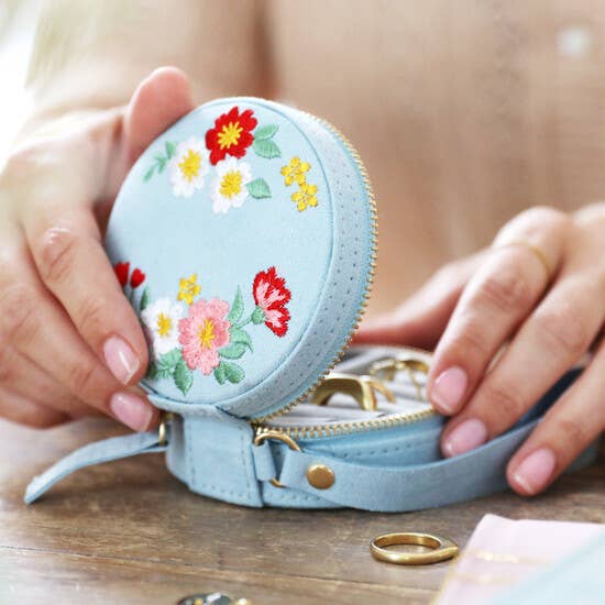 Embroidered Flowers Mini Round Velvet Jewelry Case