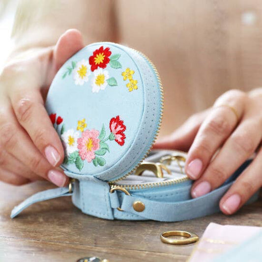 Embroidered Flowers Mini Round Velvet Jewelry Case