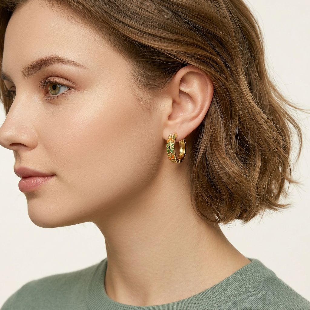 Floral Enamel Huggie Hoop Earrings - Orange - GF