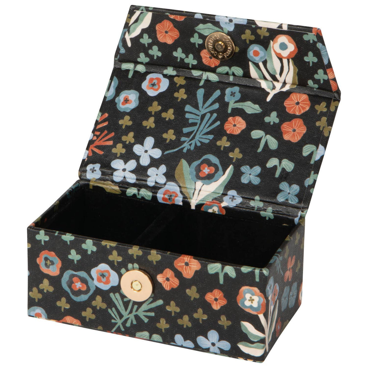 Open rectangular Dogwood Travel Jewelry Case in recycled cotton paper, featuring a black floral pattern and a gold magnetic snap closure.
