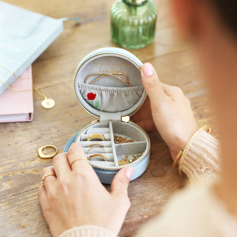 Embroidered Flowers Mini Round Velvet Jewelry Case