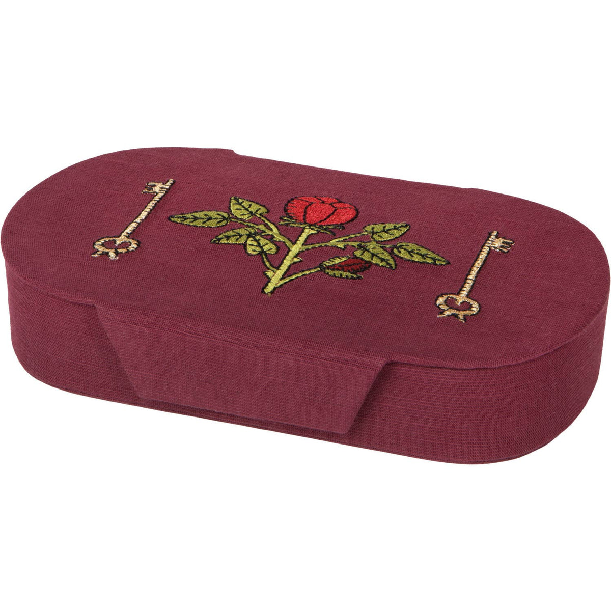 Burgundy oval Rose Briar Embroidered Jewelry Box - Burgundy/Green with a red rose and two skeleton keys embroidered on the velvet lid.