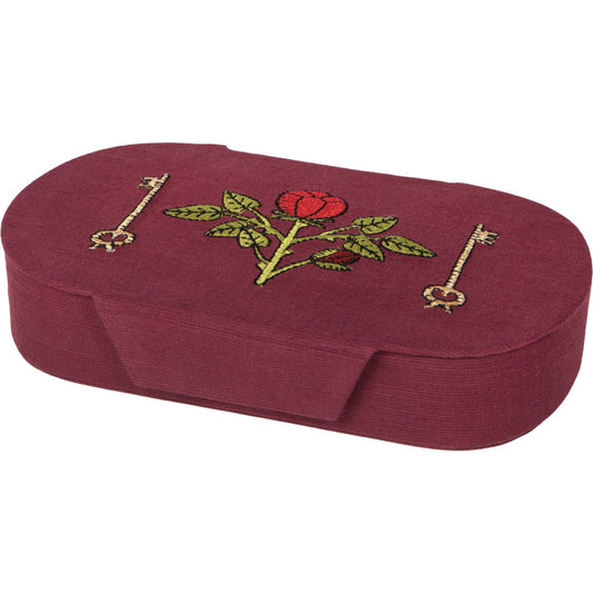 Burgundy oval Rose Briar Embroidered Jewelry Box - Burgundy/Green with a red rose and two skeleton keys embroidered on the velvet lid.