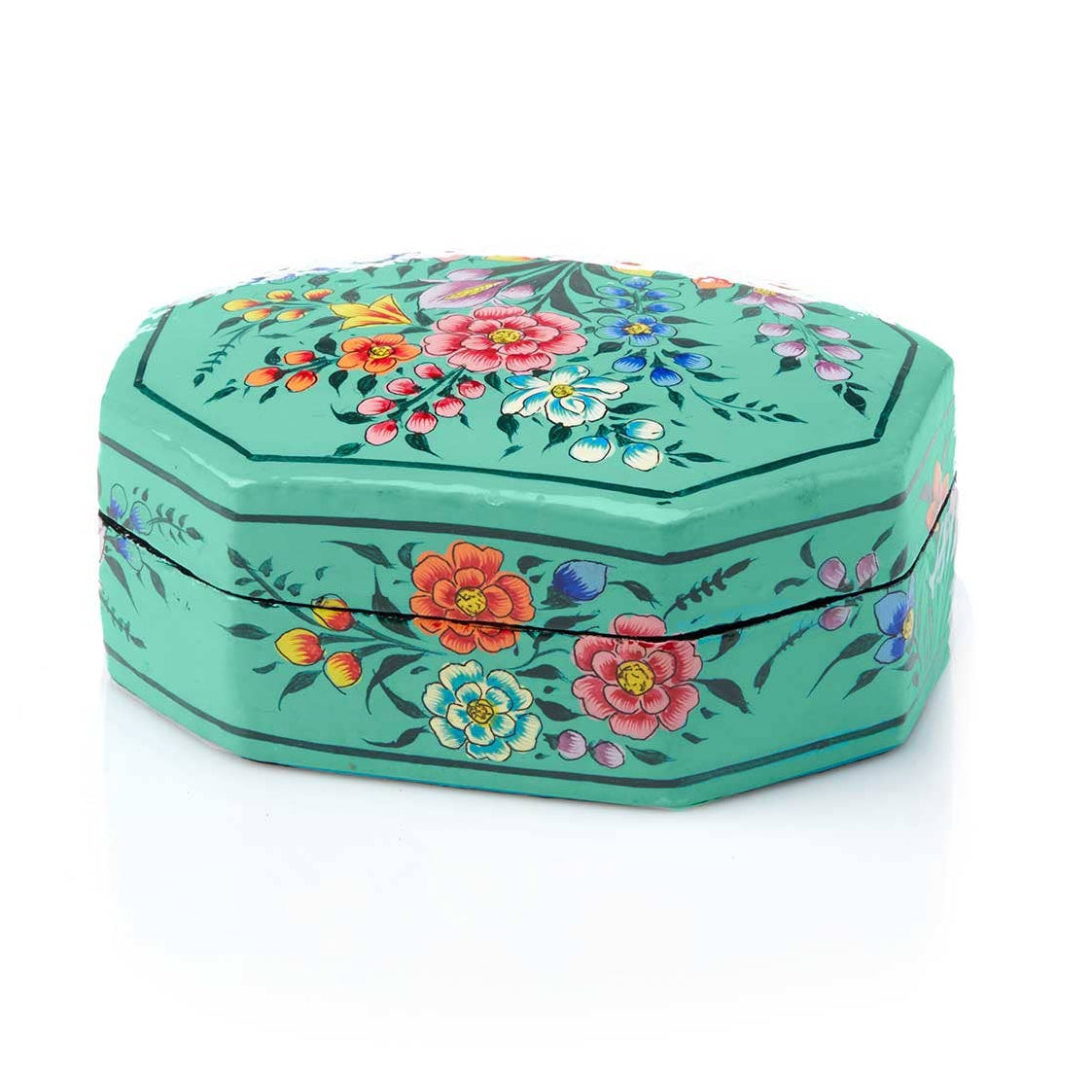 Octagonal light green Garden Handpainted Kashmiri Jewelry Box hand-painted with colorful flowers.