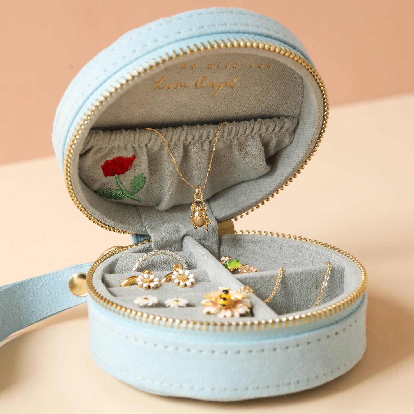 Embroidered Flowers Mini Round Velvet Jewelry Case