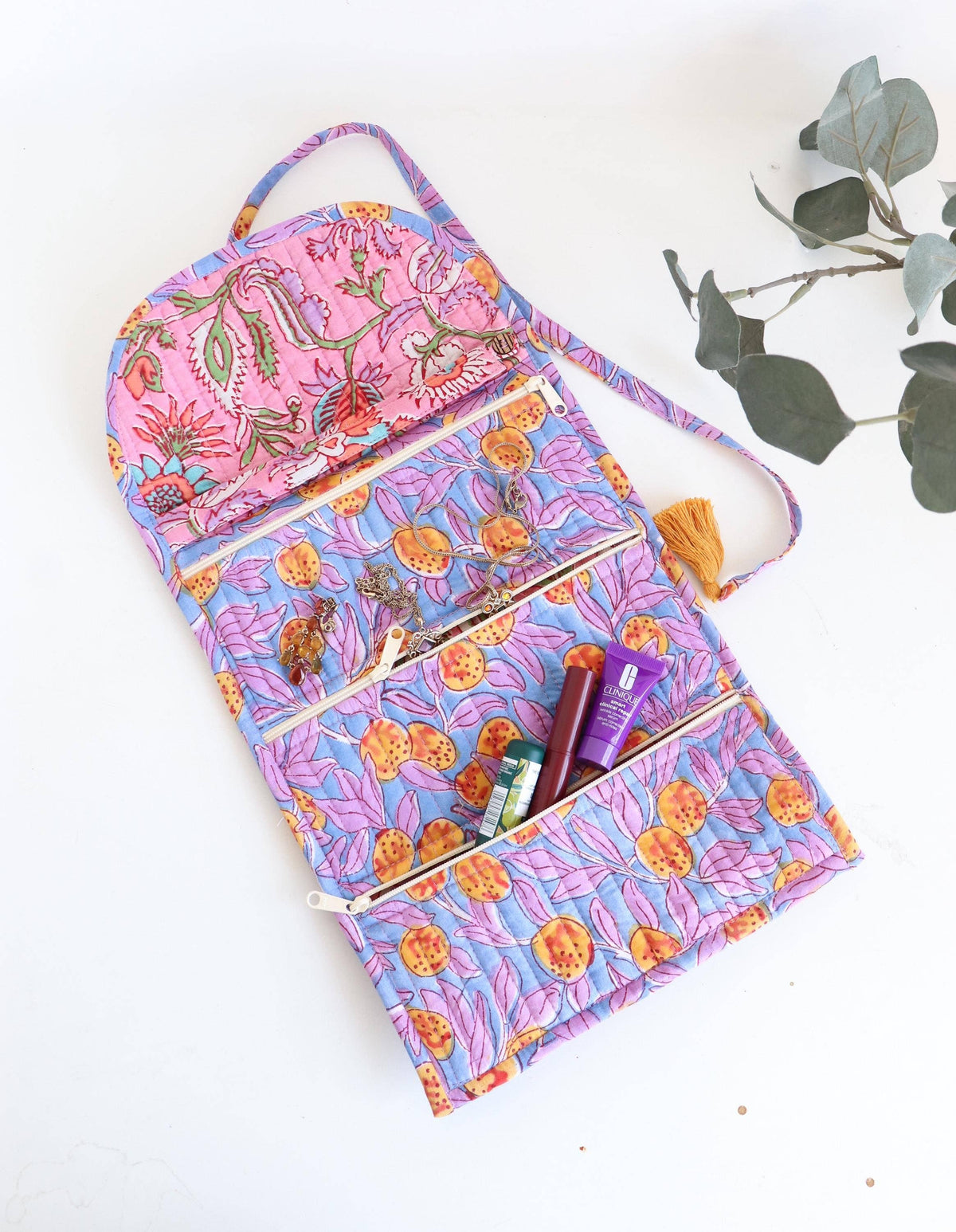 Cotton Jewelry Roll with Zipper Pockets and Brush Case - Blue/Purple Floral