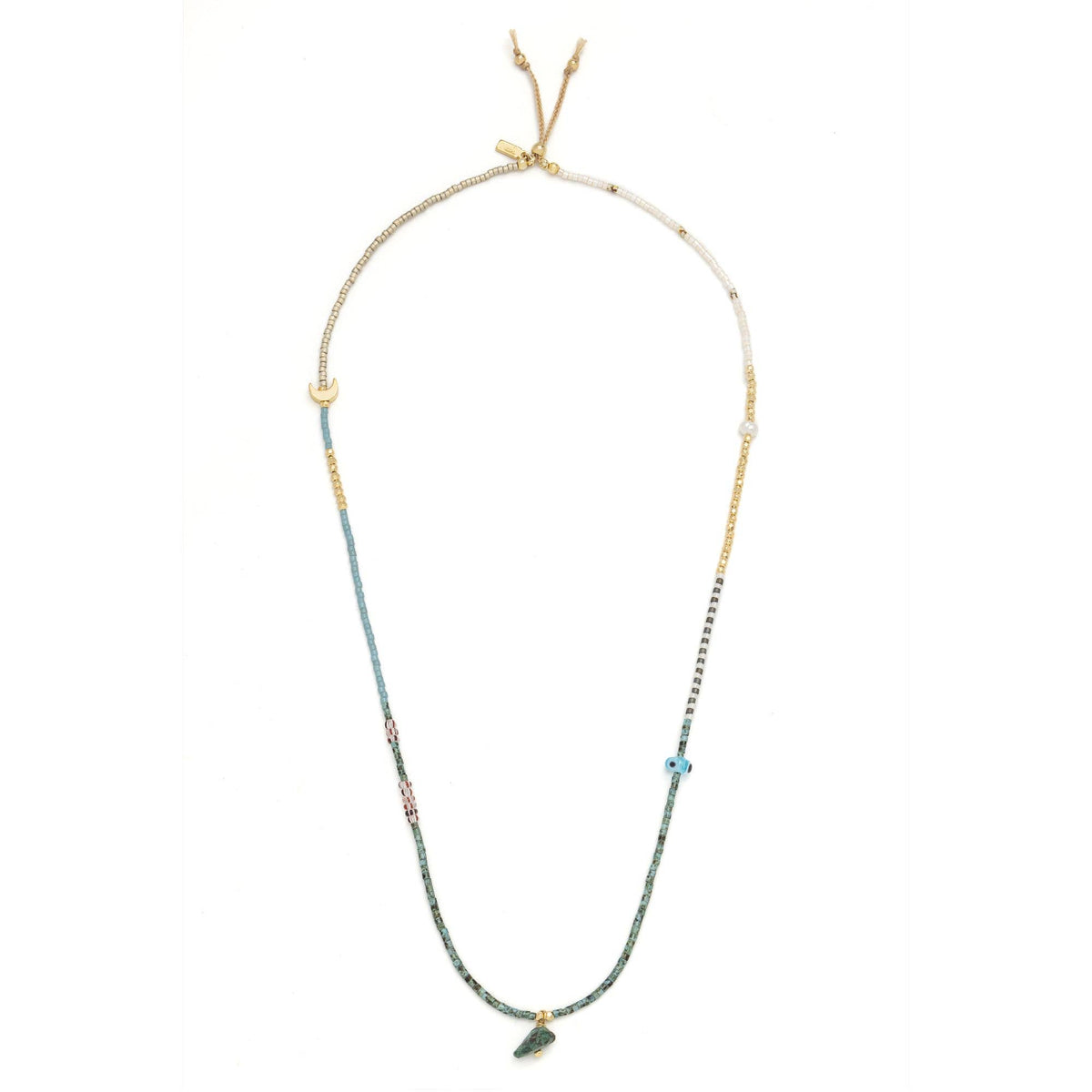 A Mixed Media Wrap Bracelet/Necklace in an array of colors, from Scout Curated Wears, featuring African Turquoise beads and a small central pendant, arranged in an oval shape on a white background.