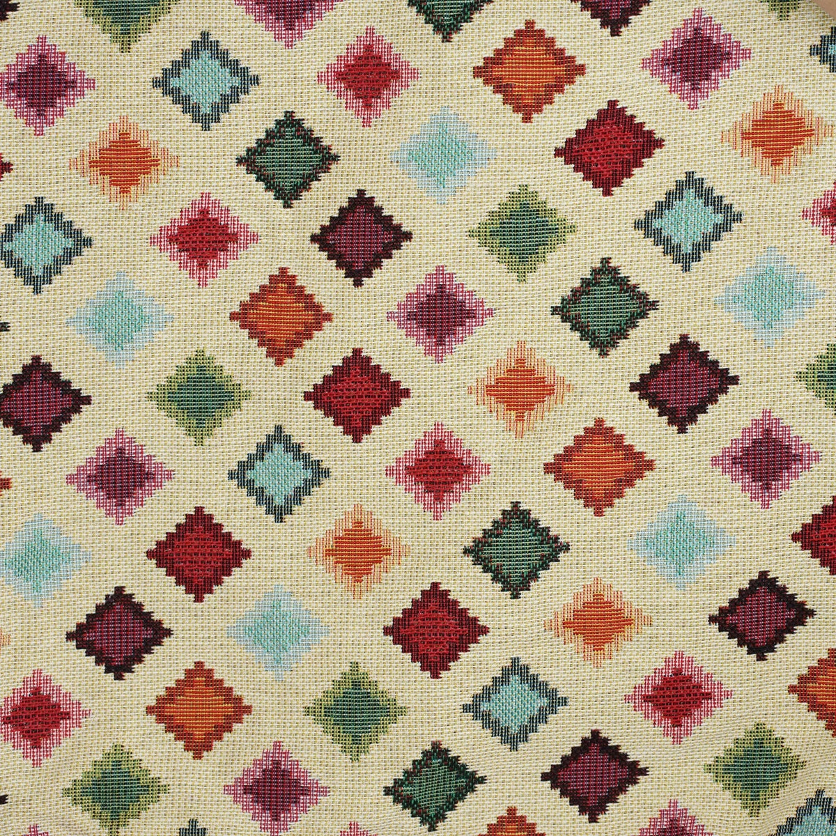 The Geometric Jacquard Large Zippered Tote Bag – Multicolor (Zac) by DE LA MUR LINE US Inc features a beige jacquard fabric accented with a repeating diamond pattern in vibrant shades of red, orange, pink, blue, green, and black. Each diamond is outlined by stepped lines for a striking geometric effect, making this tote both eye-catching and stylish.