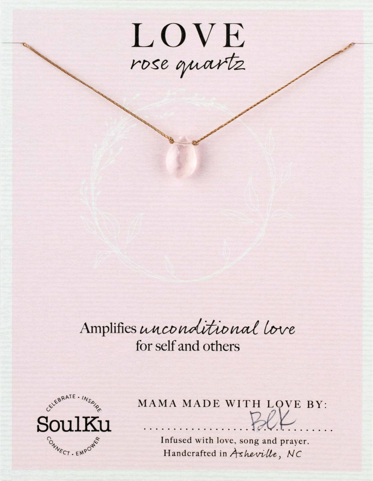 The Rose Quartz Gemstone Necklace - Love - Dainty Gift Women by SoulKu features genuine rose quartz on a LOVE card, amplifying unconditional love—handmade in Asheville, NC.