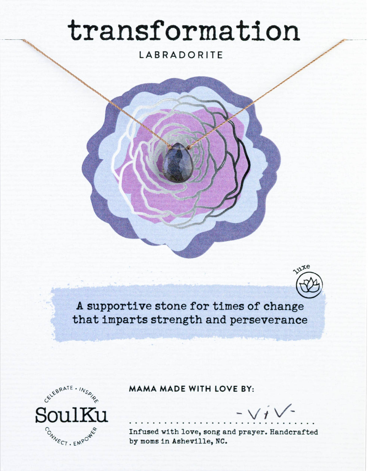 The SoulKu Labradorite Luxe Necklace for Transformation features a handmade labradorite gem on a card about change, strength, and perseverance—a beautiful piece of gemstone jewelry.