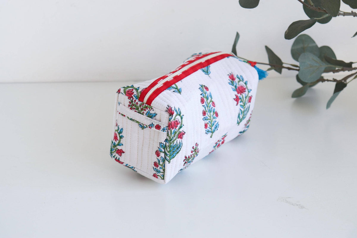 Quilted Block Print Cosmetic Organizer Pouch - White Floral