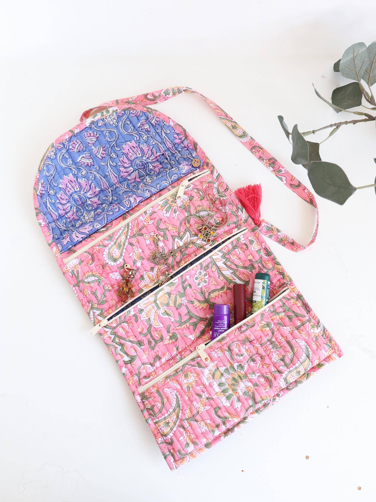 Cotton Jewelry Roll with Zipper Pockets and Brush Case - Pink Floral