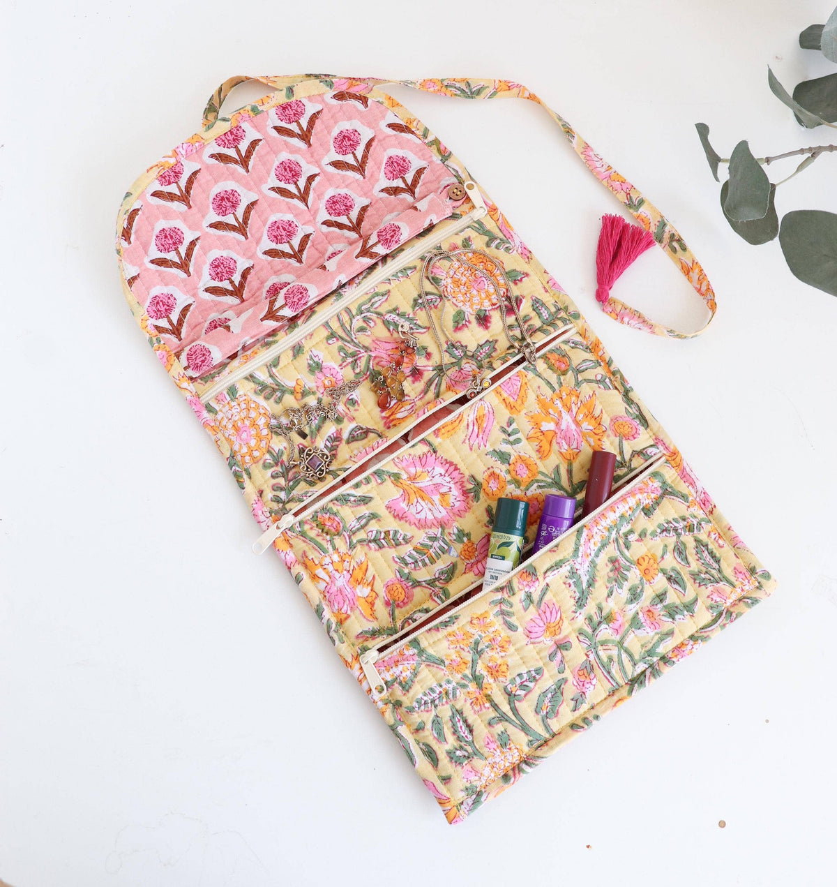 Cotton Jewelry Roll with Zipper Pockets and Brush Case - Yellow Floral