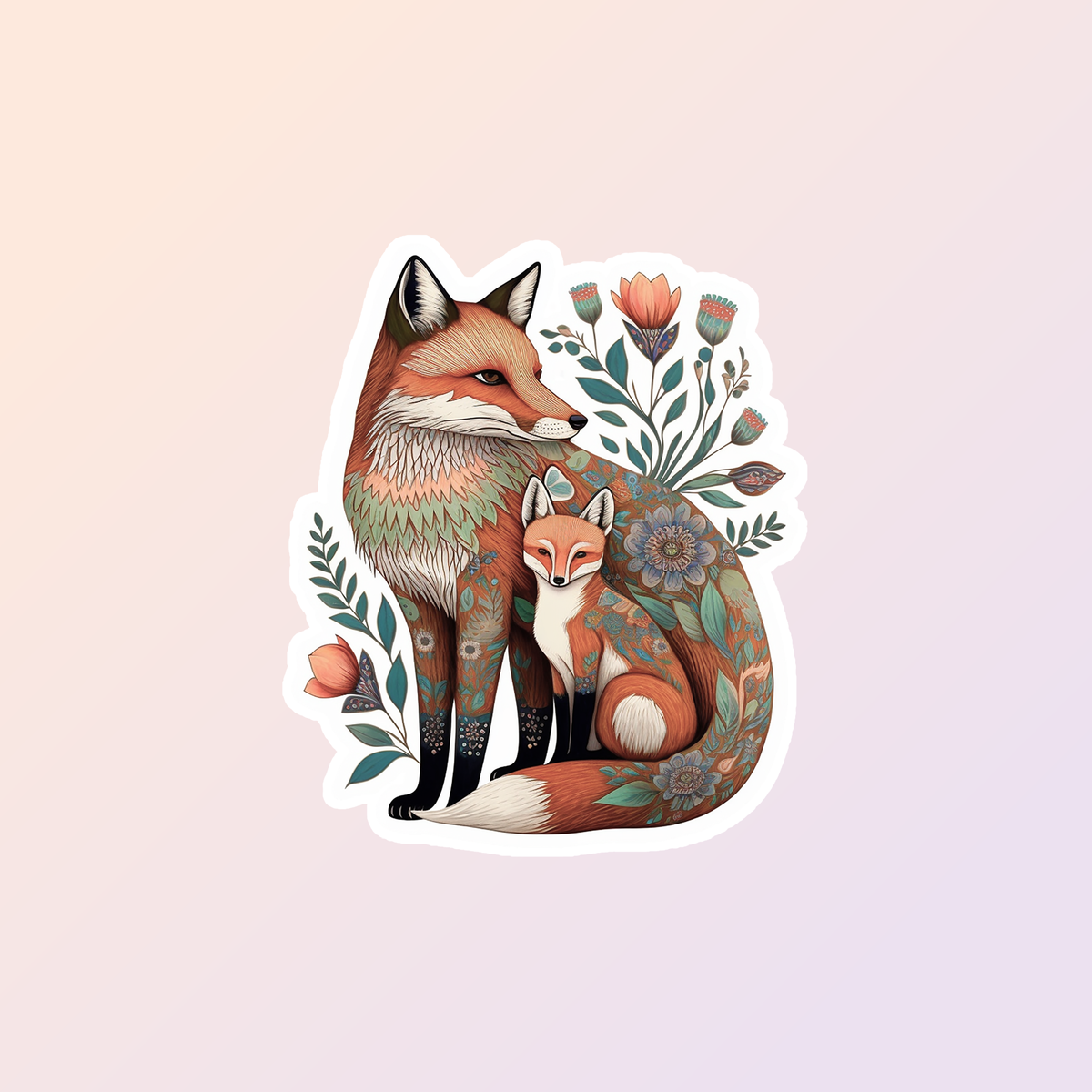 Fox Mama and Cub Sticker by Sorry Not Sorry Co features two foxes with floral patterns on a pastel background. This 3″ x 1.5″ vinyl sticker is perfect for any nature lover.