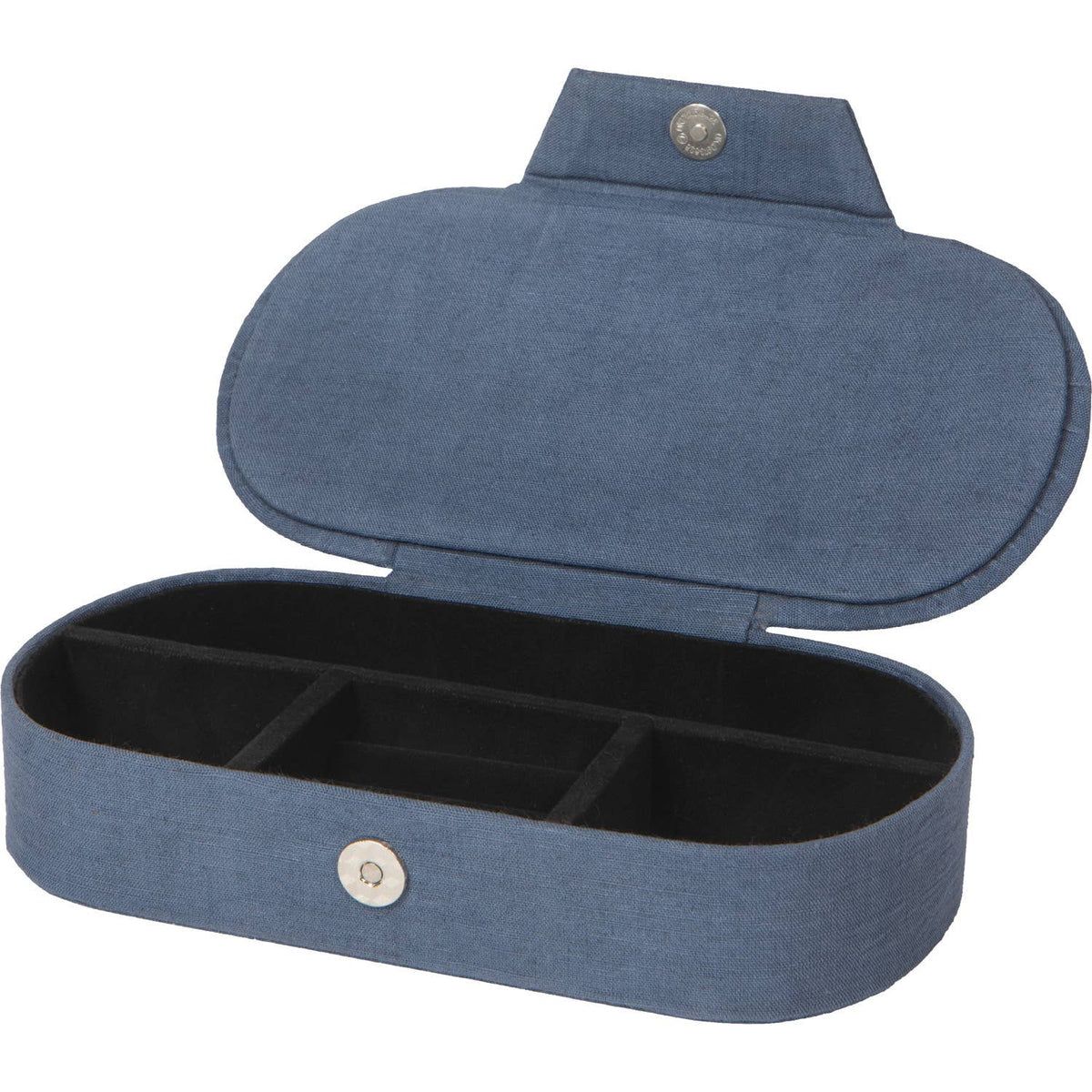Powder blue, embroidered Aurora Embroidered Jewelry Box - Blue/Pink with a hinged lid, magnetic snap closure, and a black-lined interior divided into three compartments.