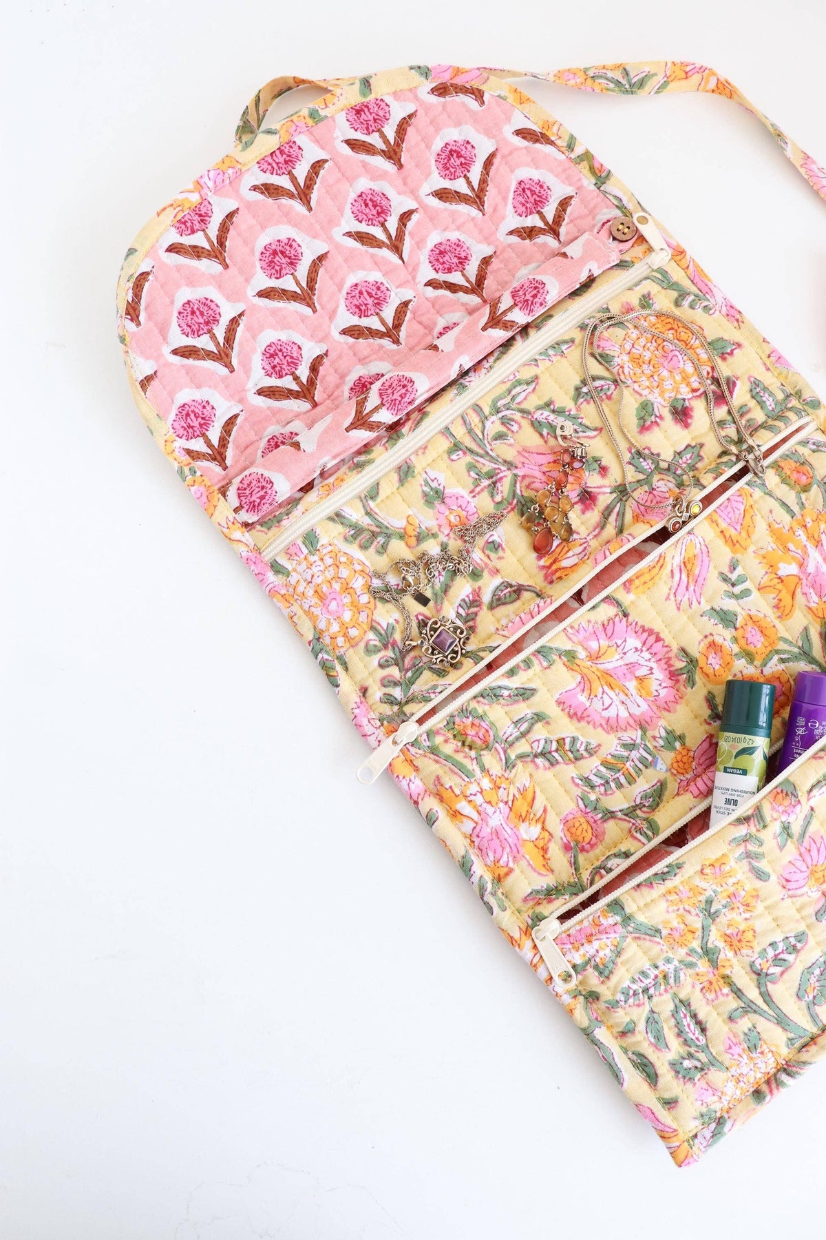 Cotton Jewelry Roll with Zipper Pockets and Brush Case - Yellow Floral
