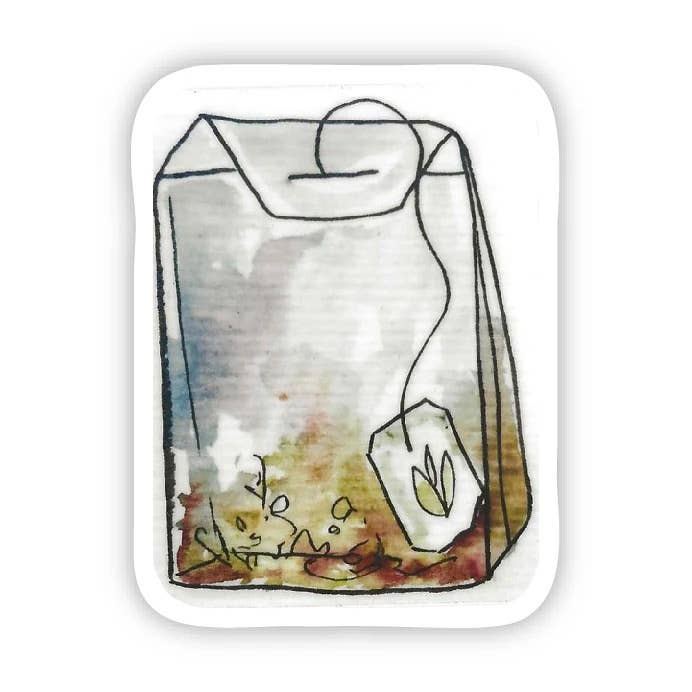 Featuring a watercolor tea bag with string, tag, and loose leaves, the Tea Bag Watercolor Sticker by Big Moods is perfect for adding a charming touch to your collection.