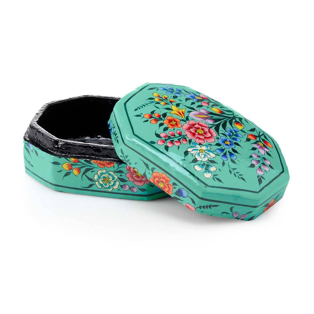 Turquoise hexagonal Garden Handpainted Kashmiri Jewelry Box featuring a floral motif and a removable lid.