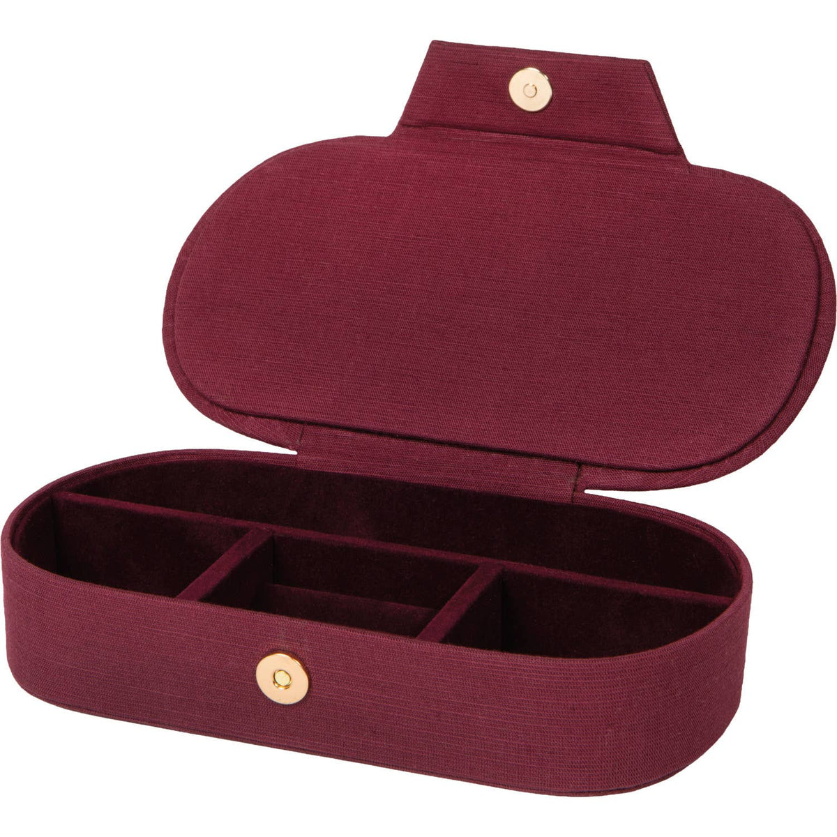 Rose Briar Embroidered Jewelry Box - Burgundy/Green velvet jewelry box with a hinged lid, gold snap closure, and interior dividers.