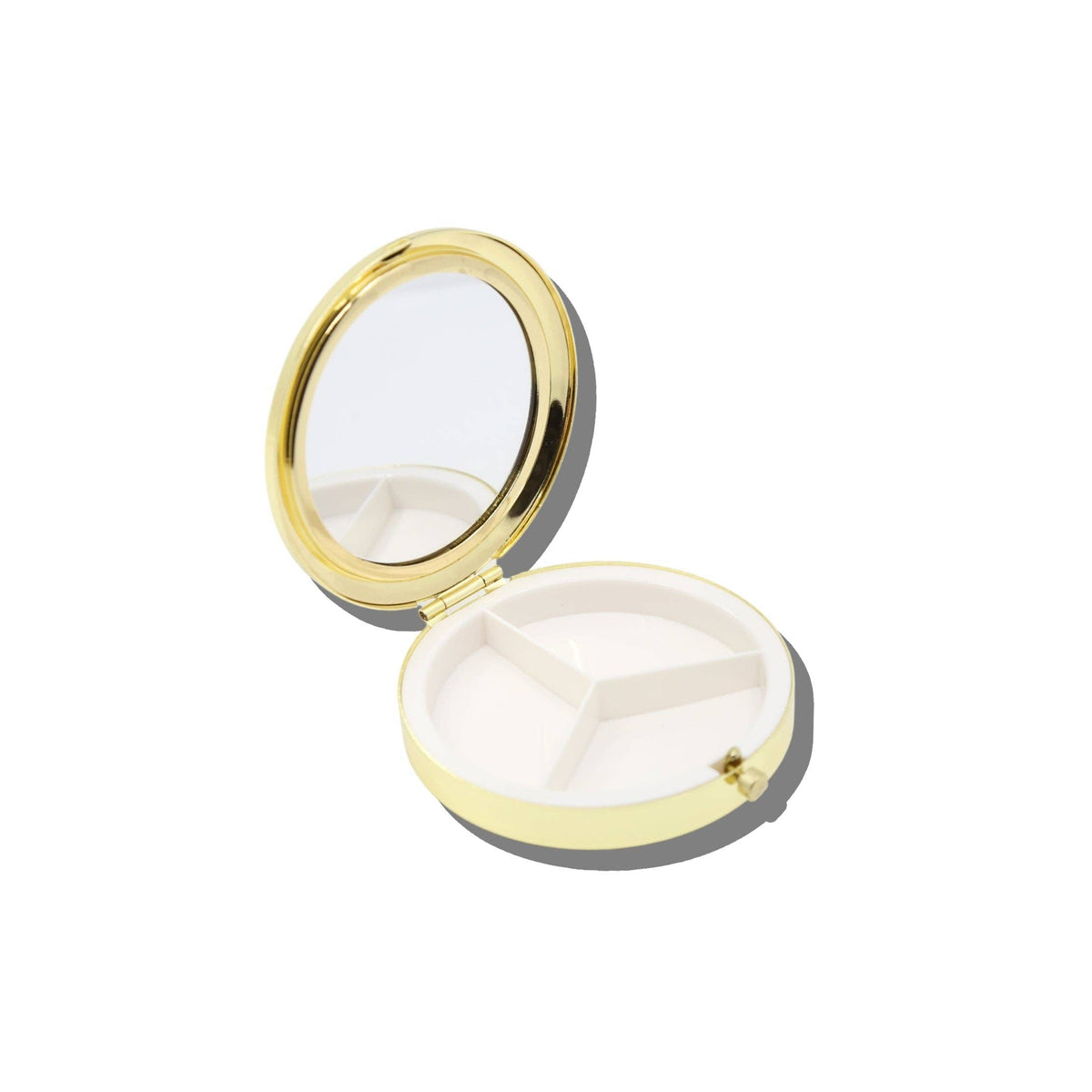 Open gold-toned Butter Cookies Handbag Hero Pill Compact - Hand-Painted with an interior mirror and a three-section organizer.