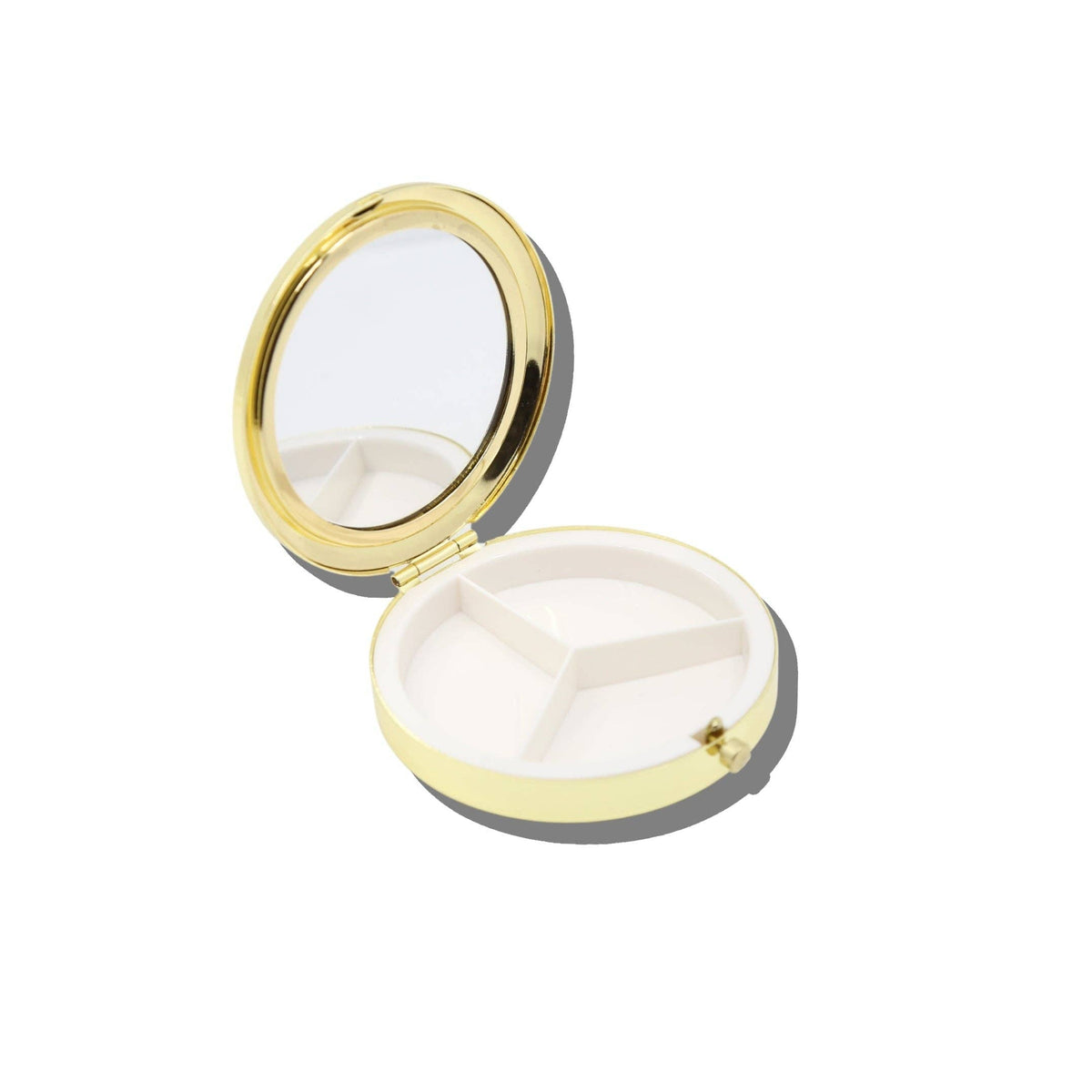 Gold-tone round vintage-inspired Teddy Bear Americana Handbag Hero Pill Compact - Hand-Painted with an open lid featuring an interior mirror and a white three-compartment tray.
