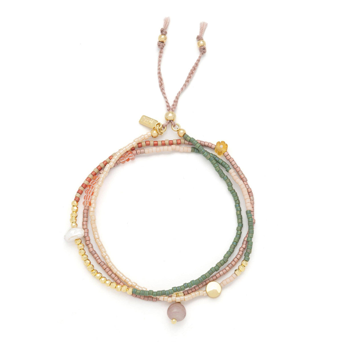 Introducing the Scout Curated Wears Mixed Media Wrap Bracelet/Necklace - Healing/Tourmaline/Gold, a vibrant accessory crafted with pink, green, and gold Japanese Miyuki beads, adorned with small charms and finished with a braided adjustable closure.