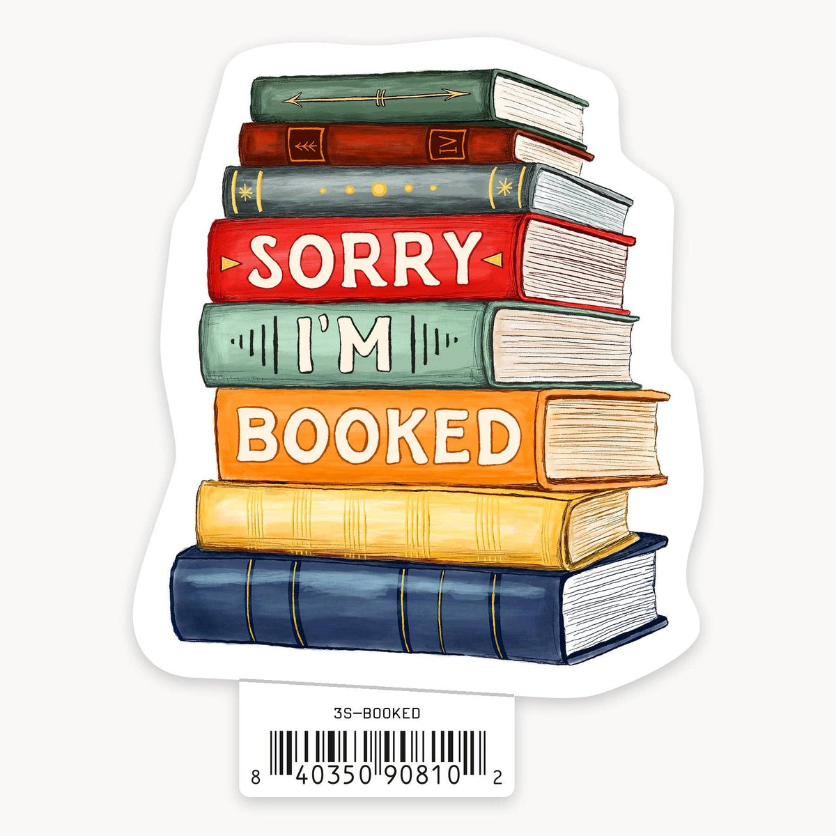 A vibrant Sorry I’m Booked Sticker by Nice Enough Stickers features colorful book spines spelling out “SORRY IM BOOKED”—perfect as a book or vinyl sticker for any reader.