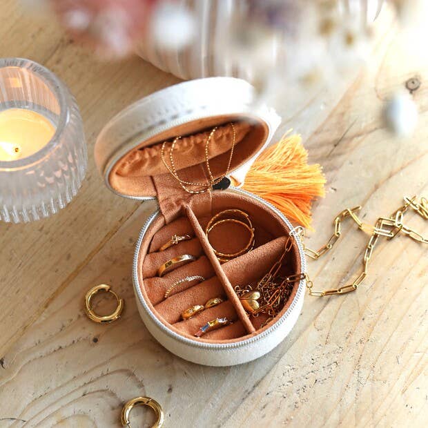 Embroidered Leaves Mini Round Linen Travel Jewelry Case