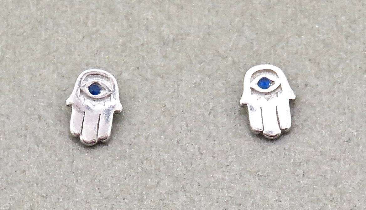 Mini Hamsa Post Earrings - Silver/Blue