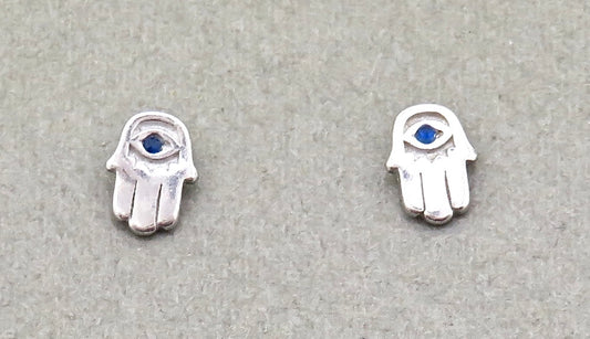 Mini Hamsa Post Earrings - Silver/Blue