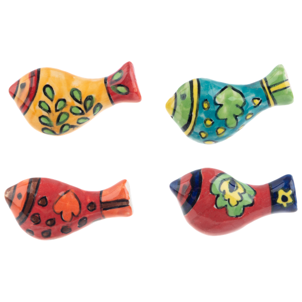 Four Ganz Bird Magnet - Hand Painted ceramic bird figurines in yellow, teal, red, and patterned designs.
