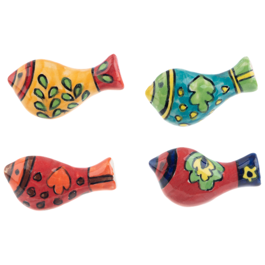 Four Ganz Bird Magnet - Hand Painted ceramic bird figurines in yellow, teal, red, and patterned designs.