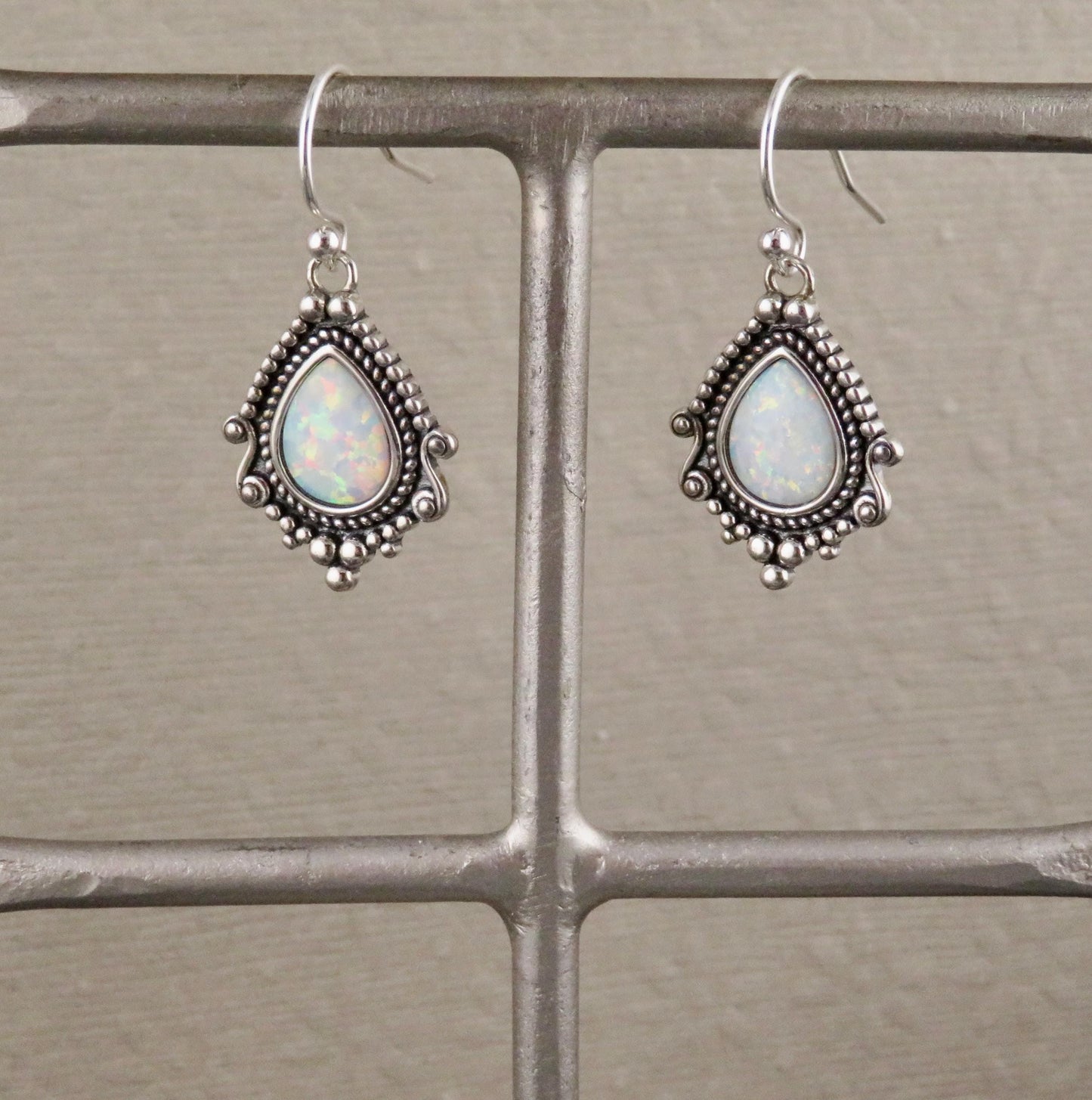 Sterling Opal Necklace | Silver Opal Teardrop Pendant | Detailed Silver Opal | Sterling Fancy Charm Necklace