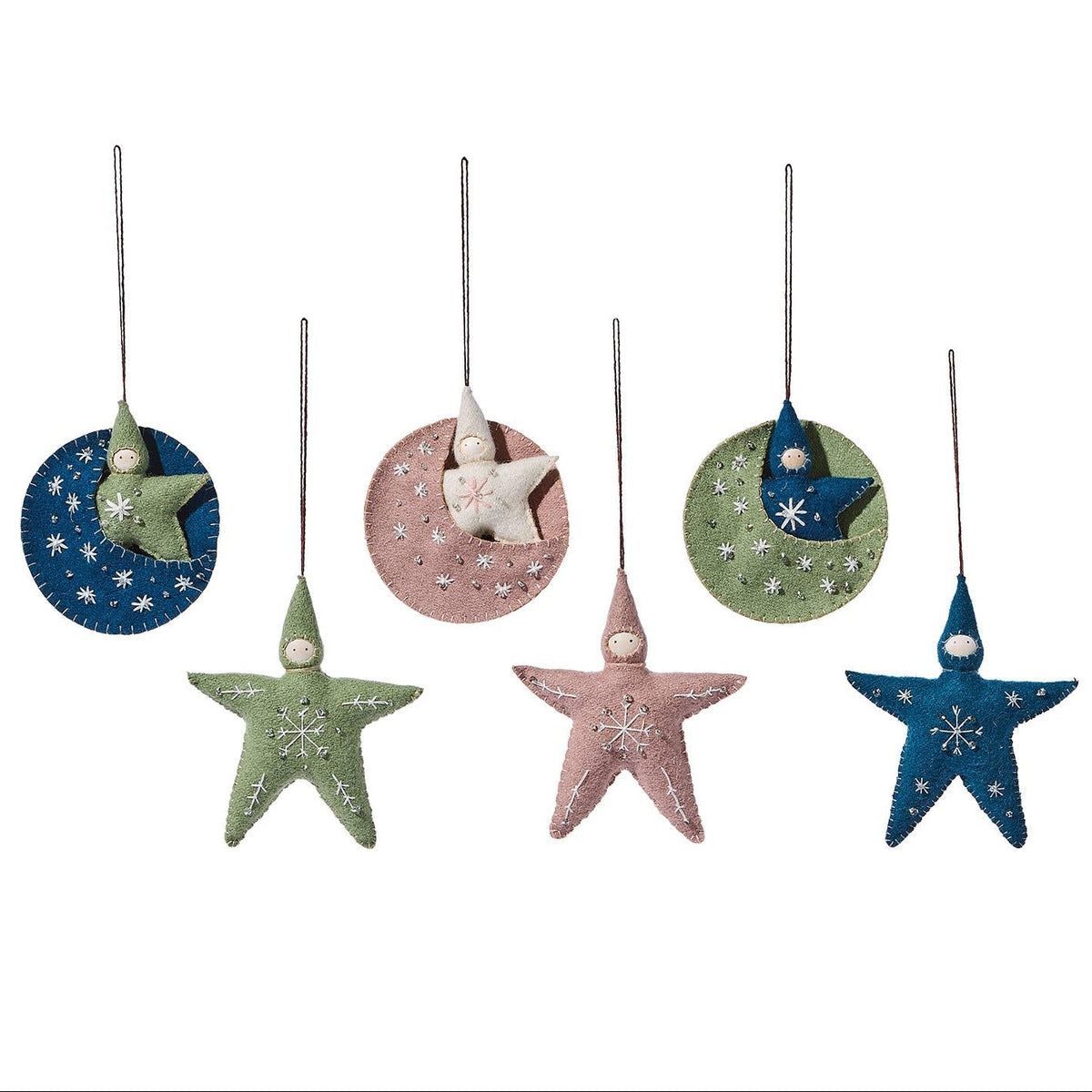Five Embroidered Felt Star Ornaments with Little Faces, featuring star-shaped characters, three nestled in crescent moons, all decorated with embroidered star details.