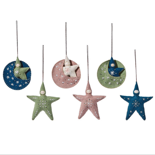 Five Embroidered Felt Star Ornaments with Little Faces, featuring star-shaped characters, three nestled in crescent moons, all decorated with embroidered star details.