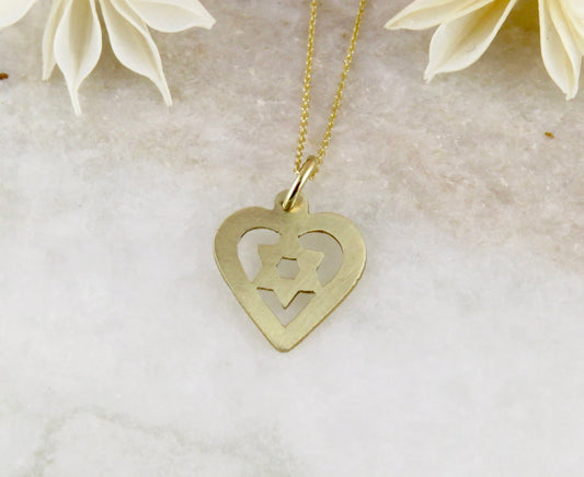 Solid Gold Star of David in Heart Necklace