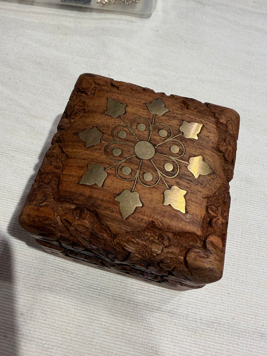 Vintage Carved Wood Box w Brass Inlay