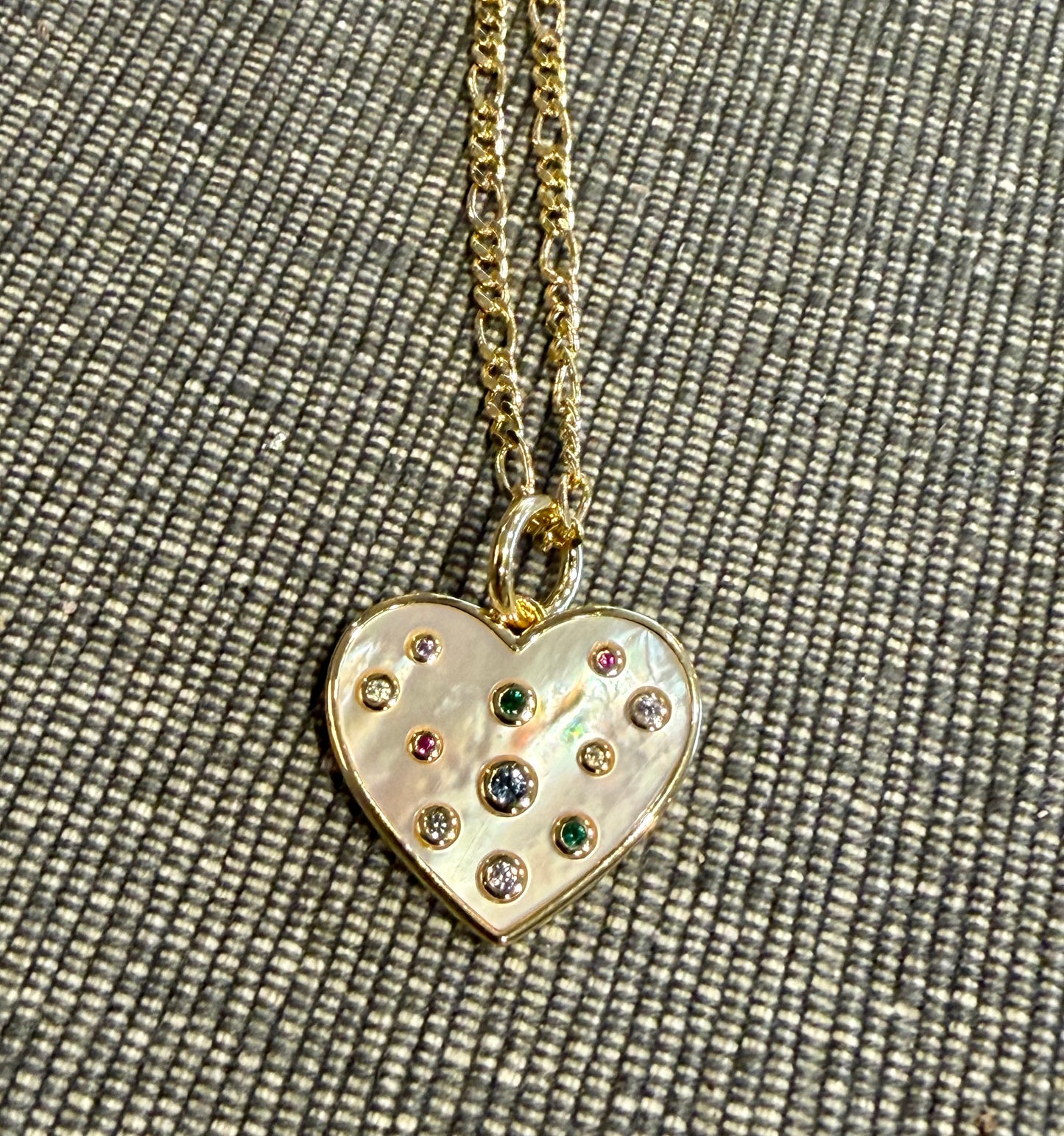 Gold Mother of Pearl Heart with Colorful Gems Necklace