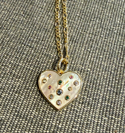 Gold Mother of Pearl Heart with Colorful Gems - Pendant Only