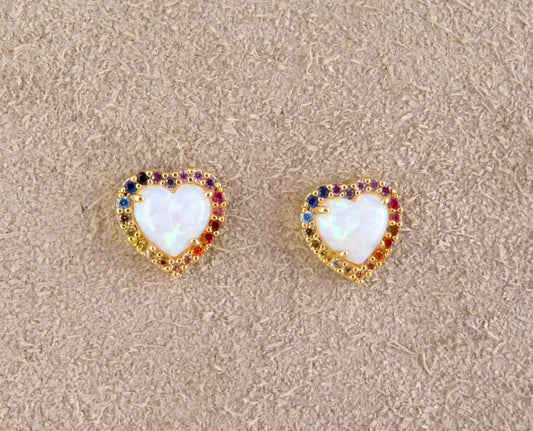 Multicolor Opal Heart Post Earrings